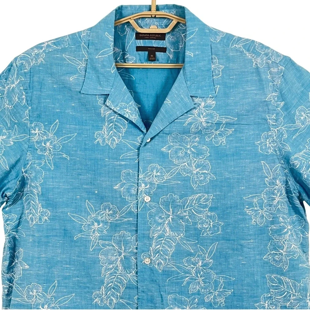 Banana Republic Mens Camp Shirt XL Blue Floral Linen Blend Slim Fit SS Tropical